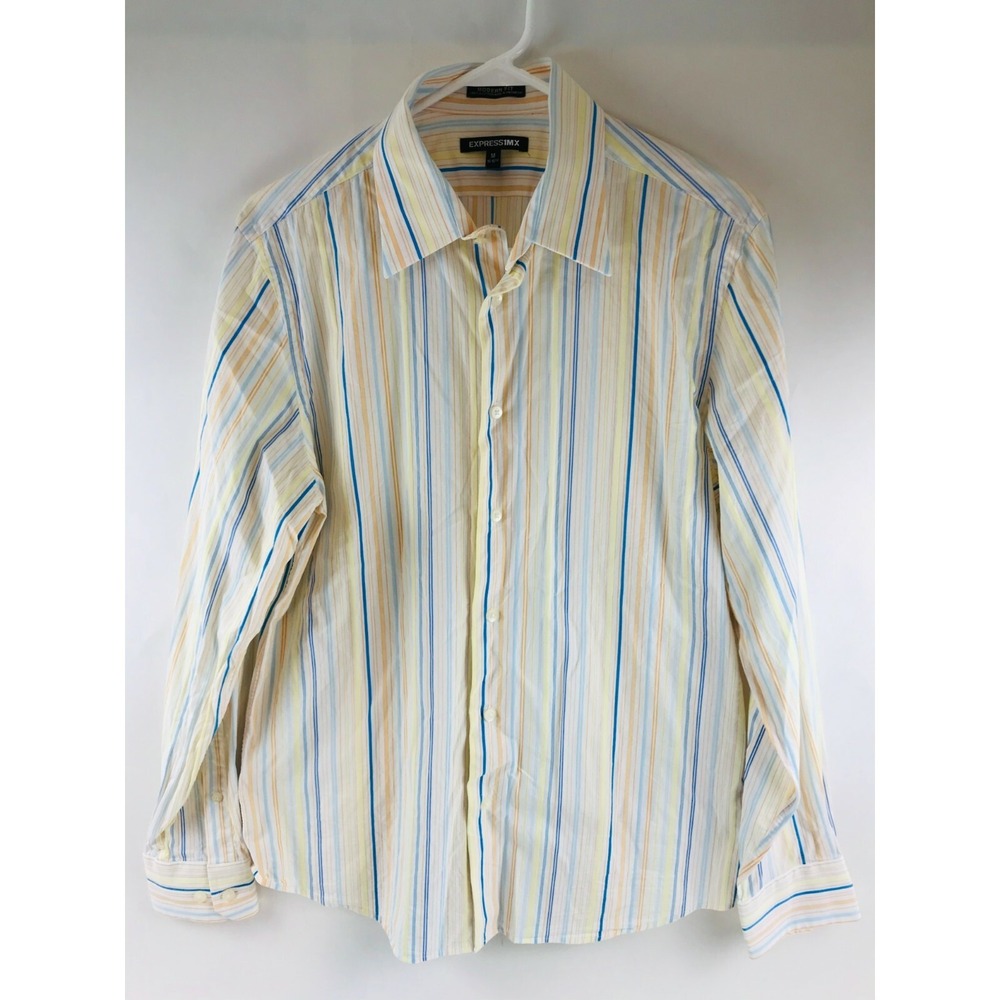 EXPRESS1MX Shirt Men's Size M Cream Multicolor Long Sleeve Stripe Button Down